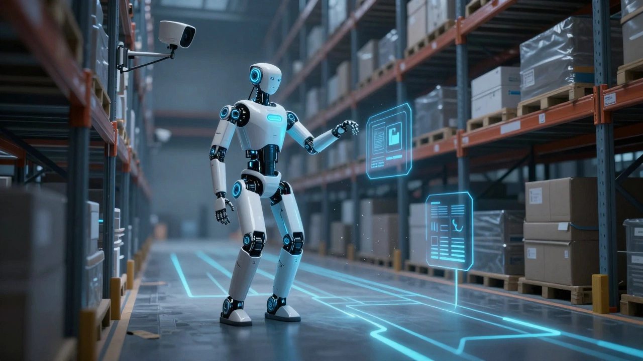 A robotic assistant moving through a warehouse with adaptive path indicators glowing softly.