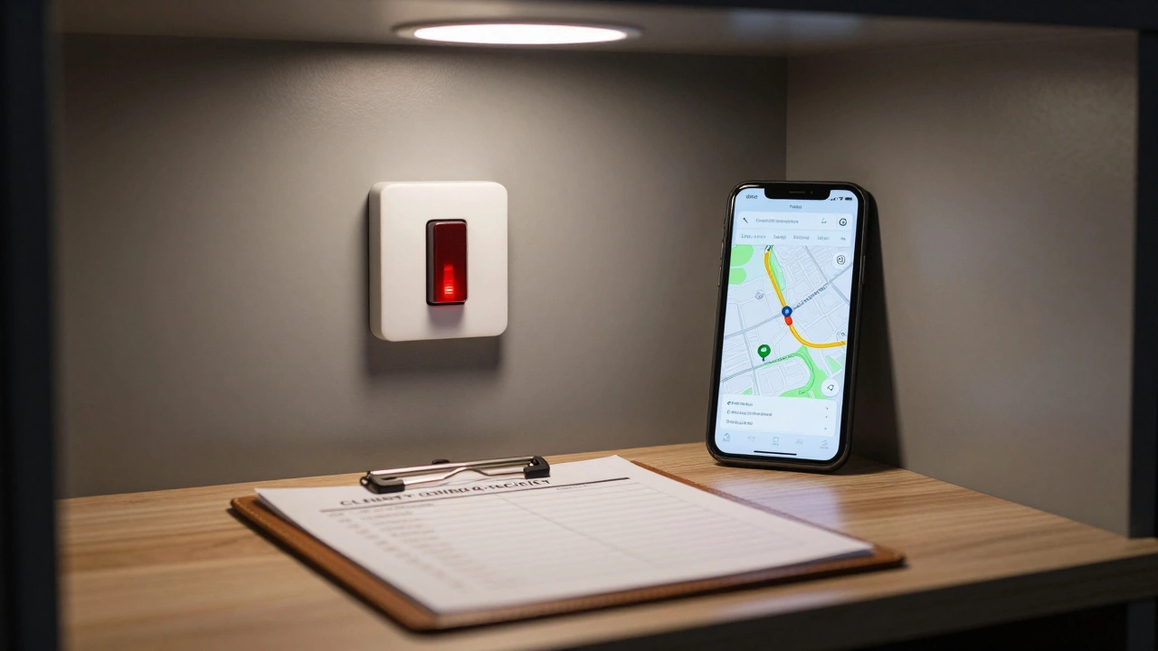 A safe room with a panic button and GPS tracking app displayed on a smartphone.