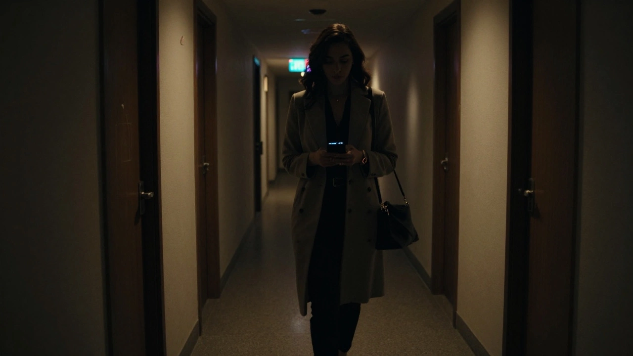 A silhouette of a woman walking down a Dubai hotel hallway at night, holding a burner phone, evoking secrecy and personal safety.