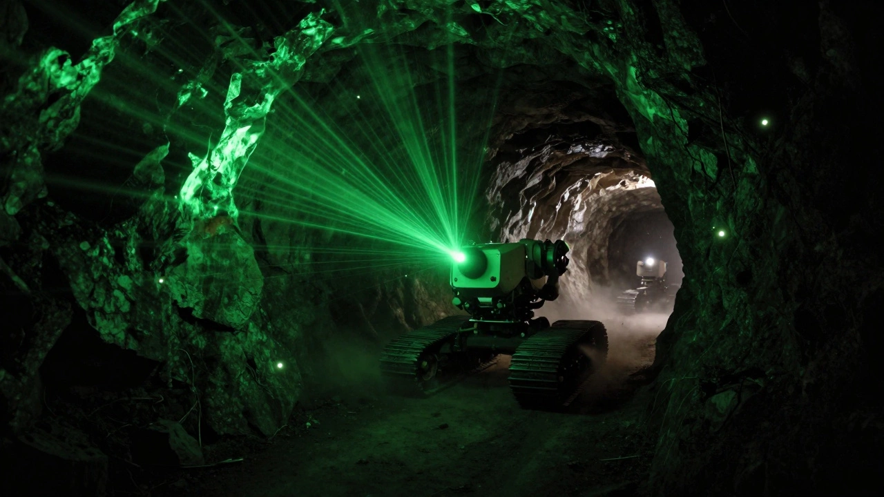 An underground mining robot using laser scanners to navigate a dark tunnel without GPS.
