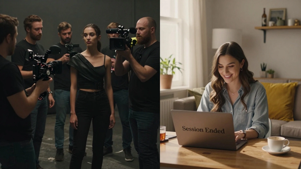 Contrasting scenes of a porn set and an escort ending a session at home.