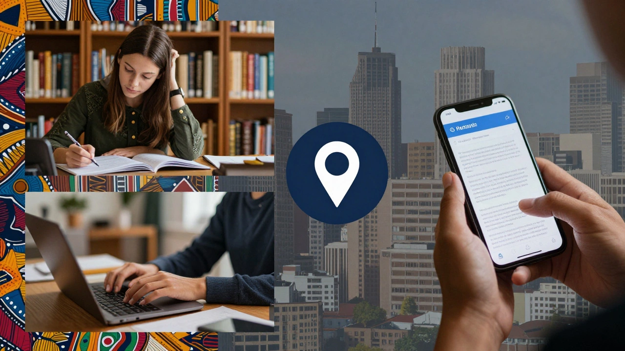 Overlapping scenes of an African woman studying, working, and using a safety app, symbolizing the emotional labor behind professional companionship.